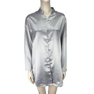 DIANE VON FURSTENBERG Oversized Satin Silver Long Blouse Button-down Shirt sz L